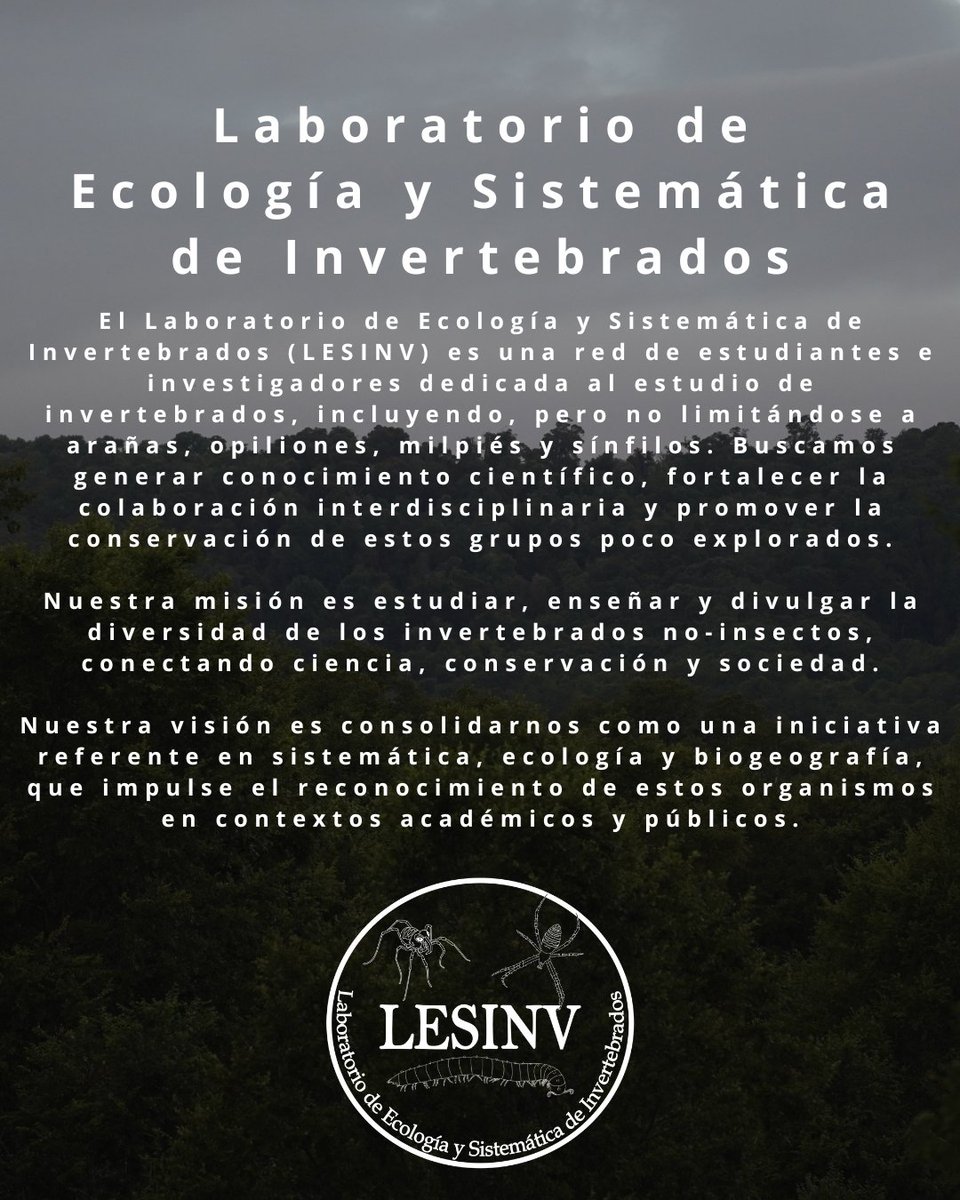 lesinv_lab's tweet photo. Nos complace presentar oficialmente al Laboratorio de Ecología y Sistemática de Invertebrados
#Invertebrados #InvertebradosNoInsectos #Biodiversidad #AméricadelSur #Taxonomía #Ecología #Conservación #Miriápodos #Arácnidos #Ciencia #Arañas #Milpiés #Opiliones #Biología https://t.co/qFFNg7oEJm