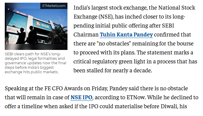 NSE IPO Coming Soon

NSE #IPO clears final regulatory hurdles, as Sebi chief Tuhin Kanta Pandey says no obstacle remains - The Economic Times 

NSE PreIPO Shares available.  Connect with us on wa.me/7977529030

We deal in #UnListedShares #PreIPO &amp; #PvtEquity 

#NSE #NSEIPO