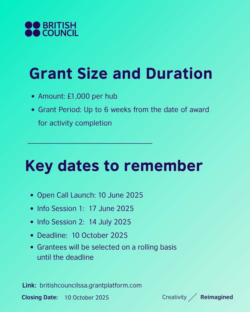 Tariro neGitare™ 🇿🇼 (@tarironegitare) on Twitter photo 📣 SoCreative Micro-Grants – Now Open!
The <a href="/BritishCouncil/">British Council</a> is offering £1,000 micro-grants to support creative hubs, festivals, and community-based organisations across Sub-Saharan Africa.
Apply for grants here : britishcouncilssa.grantplatform.com 📣 SoCreative Micro-Grants – Now Open!
The <a href="/BritishCouncil/">British Council</a> is offering £1,000 micro-grants to support creative hubs, festivals, and community-based organisations across Sub-Saharan Africa.
Apply for grants here : britishcouncilssa.grantplatform.com