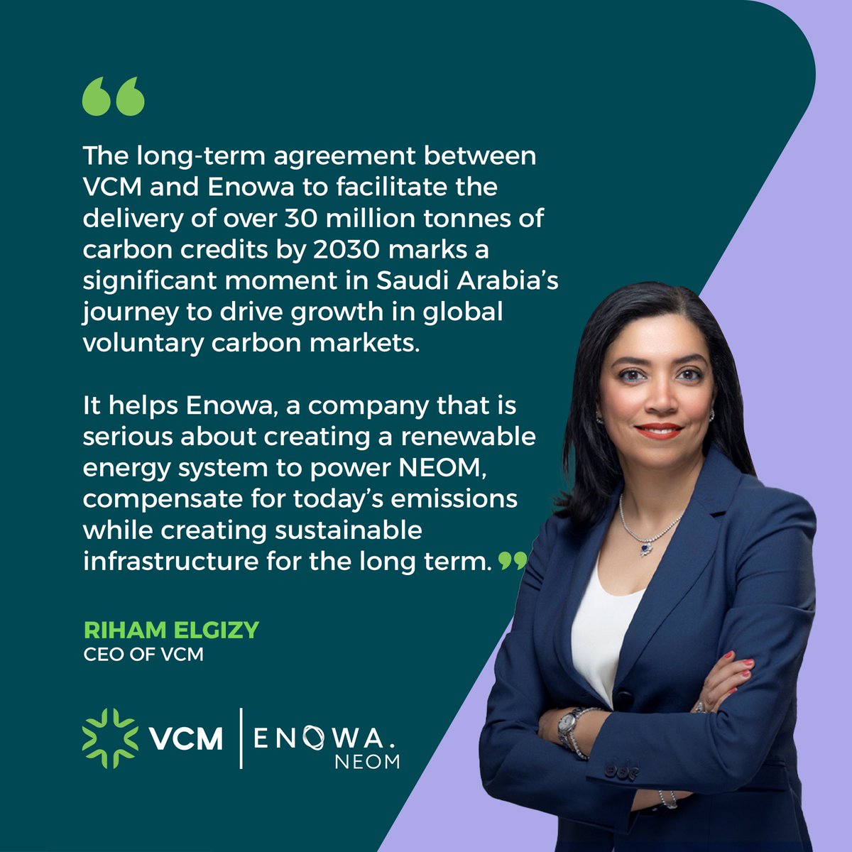 Riham Elgizy, CEO of VCM, on the landmark agreement between #VCM and <a href="/ENOWA_NEOM/">ENOWA</a>
 
Offset your emissions and decarbonize your business through our Exchange Platform or Advisory Services. Inquire now:
vcm.sa/en/enowa-partn…