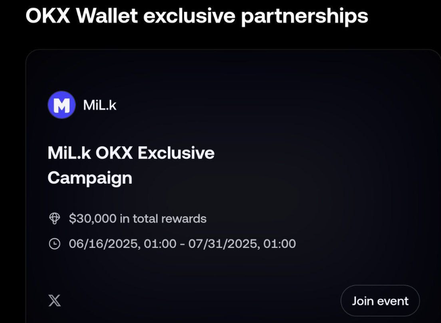 Web3Julkar's tweet photo. OKX offers a new exclusive campaign with $30,000 in rewards, valid until 7/31/2025, 01:00 UTC. Here's how to join:
1. Sign in with your OKX wallet and complete all social tasks.
2. Hold min 1 Mil.k
300 random winners will receive $100 worth of Mil.k.

$OPL @openloop_so #OpenLoop https://t.co/pUzRKq7eI1