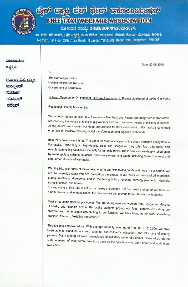 This ban is not just about bikes; it's about the right to work and live with dignity.
#JusticeForBikeTaxis
Karnataka Needs BikeTaxis
<a href="/RLR_BTM/">Ramalinga Reddy</a>
<a href="/belladarvind/">Arvind Bellad</a>
<a href="/DKShivakumar/">DK Shivakumar</a> 
<a href="/kharge/">Mallikarjun Kharge</a>