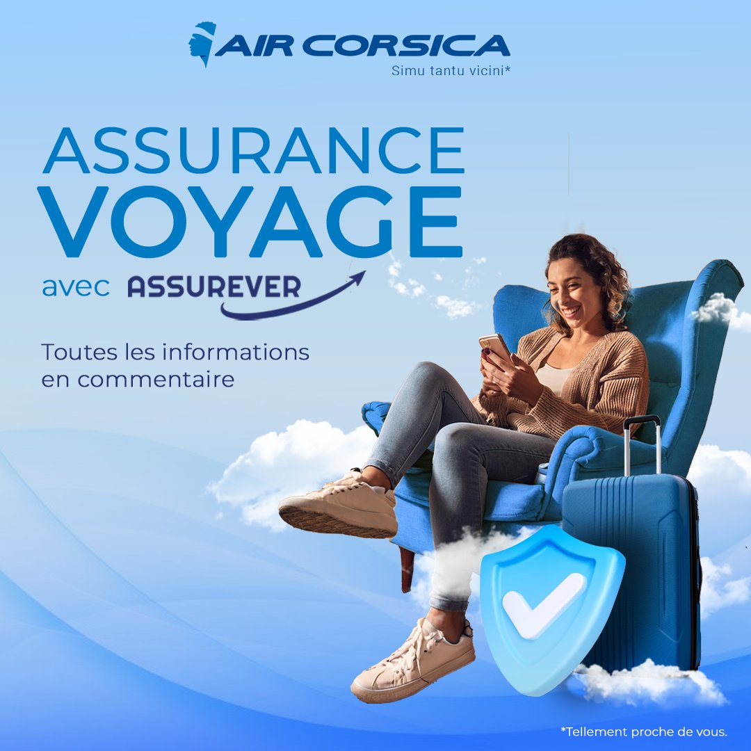 Avec Air Corsica, prenez les airs en toute sérénité grâce à notre assurance complète avec notre partenaire Assurever! 
A partir de 15 €TTC par passager, bénéficiez d'une couverture optimale  et voyagez l’esprit léger.
🔗Infos👉ow.ly/ct8950W5riv