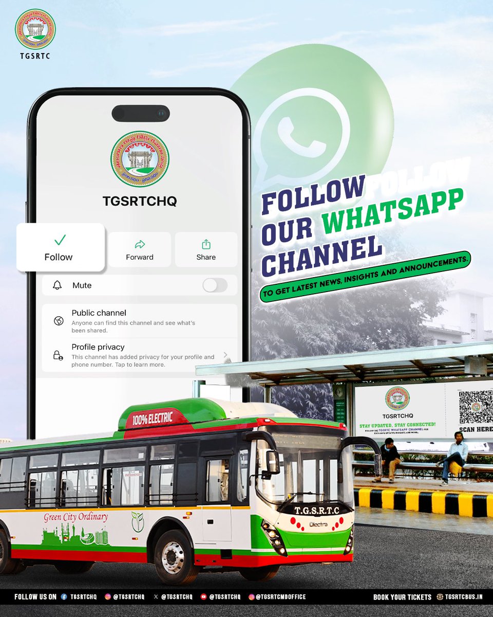 TGSRTCHQ's tweet photo. Stay connected for the latest news, insights &amp; announcements.
Follow our official WhatsApp channel and stay updated.
🔗 https://t.co/GL3R365D0J

@revanth_anumula @Ponnam_INC @TelanganaCMO @SajjanarVC

#TGSRTC #Telangana #Hyderabad #TakingTelanganaForward https://t.co/vsjqjDmzmg