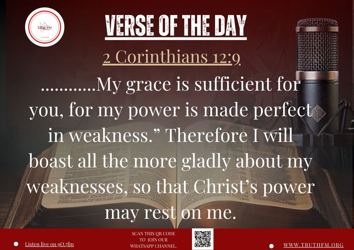God’s grace is enough, even in weakness, His power lifts you higher. 

Join our WhatsApp Channel for daily encouragement and updates:
👉 whatsapp.com/channel/0029Va…
#DailyBibleVerse #VerseOfTheDay #BibleVerse