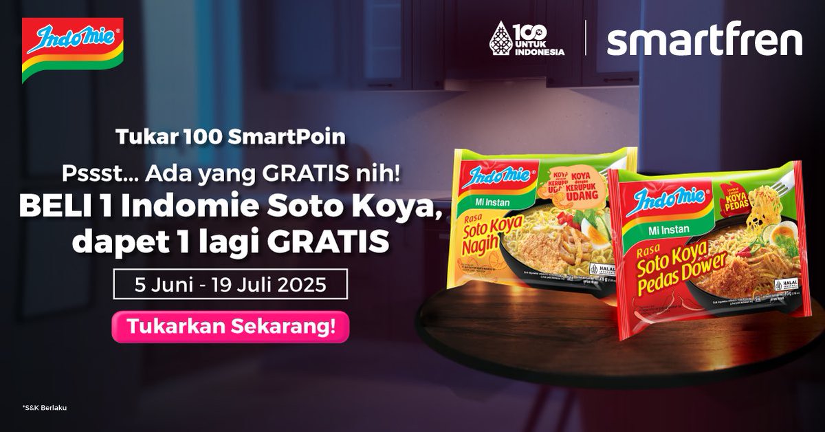 🍜 Beli 1 GRATIS 1 Indomie Soto Koya! 🔥
Nikmatnya dobel, harganya tetap hemat!

Link:
s.id/ZMxJJ

#smartfren #100PersenUntukIndonesia