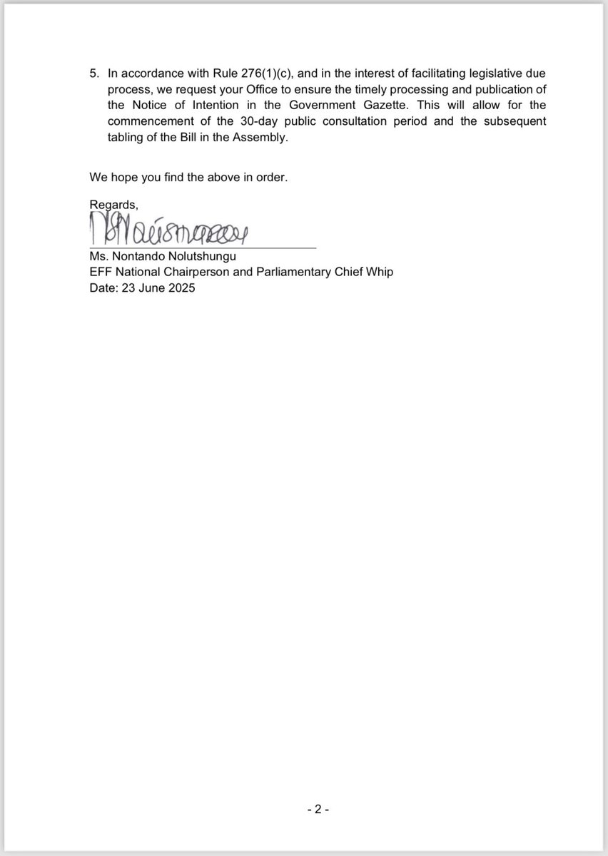 ♦️Must Read♦️

The EFF has written a letter to Hon. Ms. Thoko Didiza, Speaker of the National Assembly, to introduce the Public Finance Management Amendment Bill, 2025 aimed at curbing unchecked government borrowing powers and strengthening parliamentary oversight over national