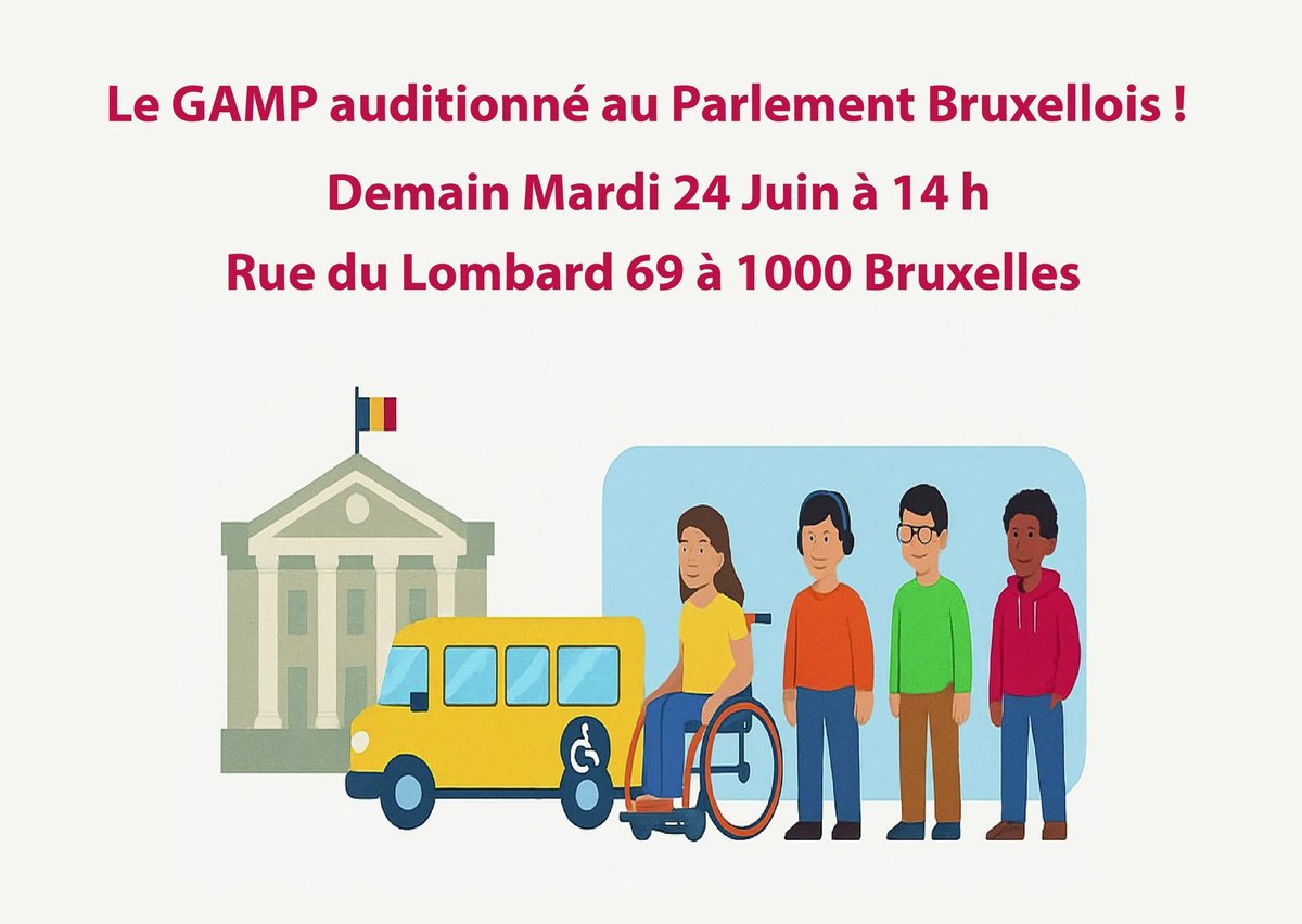 LaurenceGourgu2's tweet photo. 📢 @Le_GAMP sera auditionné au @parlementbruxel !
Ce mardi 24 juin à 14h, nous serons entendus dans le cadre de la Commission de l’enseignement et des personnes handicapées.

🙌 Venez nombreux !
#GAMP #TransportScolaire #Handicap  #ParlementBruxellois #SoutienAuxFamilles https://t.co/EYlILVa9yZ