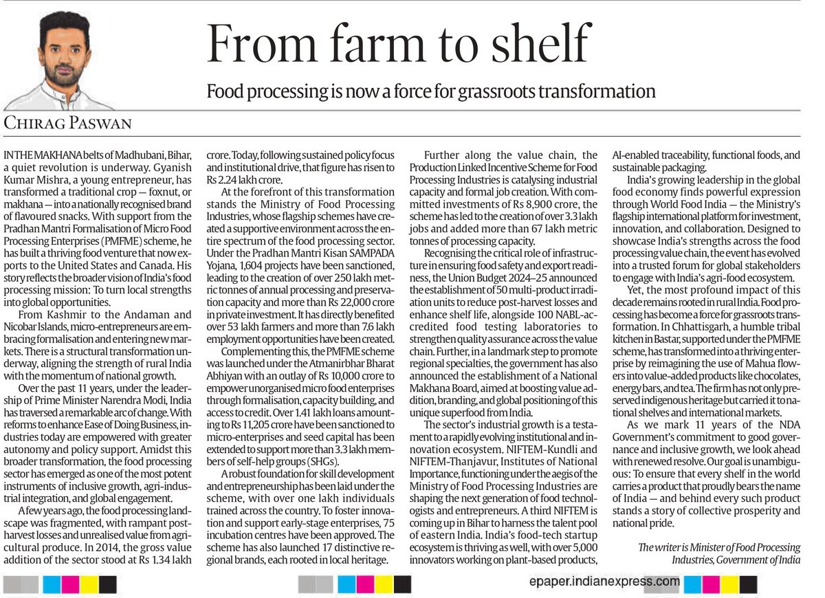 Under the visionary leadership of Hon’ble PM @NarendraModi Ji, India’s food processing sector has undergone a transformative journey — from farm to shelf — empowering our rural heroes and driving remarkable economic growth.

I’m proud to have penned this article, capturing this