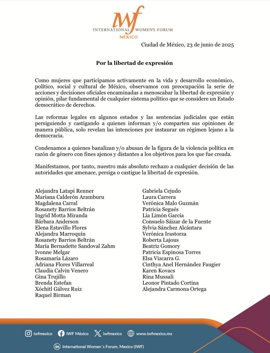 💬Desde IWF México, nuestras socias alzan la voz por la libertad de expresión.Nos preocupa que decisiones judiciales y reformas estén limitando el derecho a opinar y disentir.Rechazamos cualquier intento por cen surar, castigar o desvirtuar este derecho fundamental.
 #Democracia