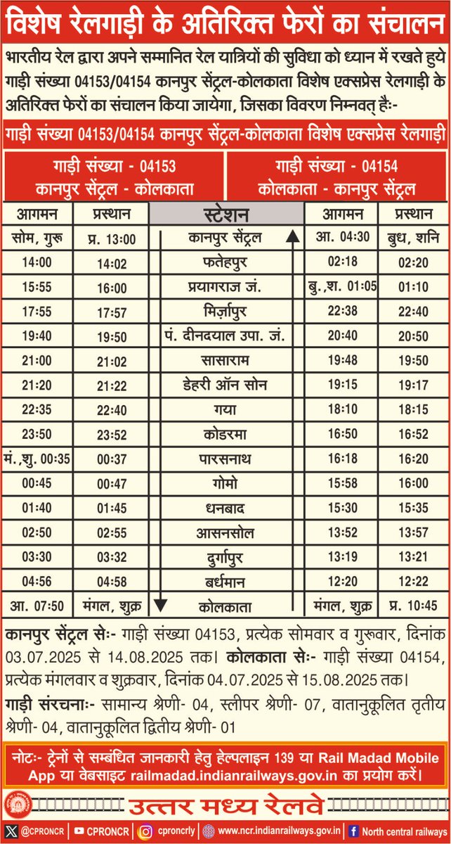 भारतीय रेल द्वारा अपने सम्मानित रेल यात्रियों की सुविधा को ध्यान में रखते हुये गाड़ी संख्या 04153/04154 कानपुर सेंट्रल-कोलकाता विशेष एक्सप्रेस रेलगाड़ी के अतिरिक्त फेरों का संचालन किया जायेगा, जिसका विवरण निम्नवत् है:- 

#NCRailway #TrainSchedule