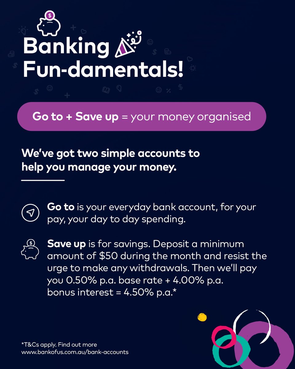 💡 Simple banking tip: Keep spending &amp; savings separate!

Use one account for daily spending and another for saving—makes budgeting easier.

Read more: bankofus.com.au/bank-accounts

This information does not take into account your personal circumstances. See: bankofus.com.au/product-disclo…