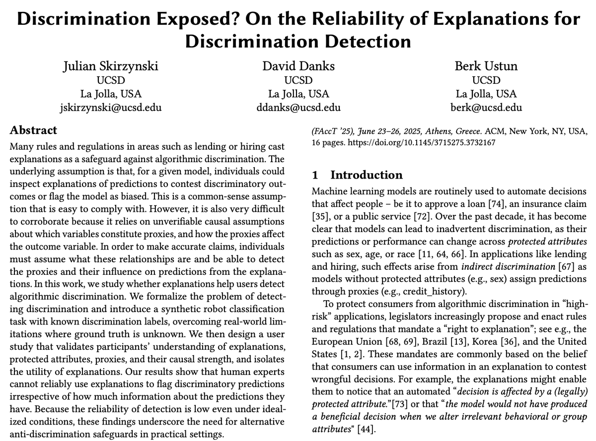 Julian Skirzynski (@jskirzynski) on Twitter photo Right to explanation laws assume explanations help people detect algorithmic discrimination.
But is there any evidence for that?
In our latest work w/ David Danks <a href="/berkustun/">Berk Ustun</a>, we show explanations fail to help people, even under optimal conditions.
PDF shorturl.at/yaRua Right to explanation laws assume explanations help people detect algorithmic discrimination.
But is there any evidence for that?
In our latest work w/ David Danks <a href="/berkustun/">Berk Ustun</a>, we show explanations fail to help people, even under optimal conditions.
PDF shorturl.at/yaRua