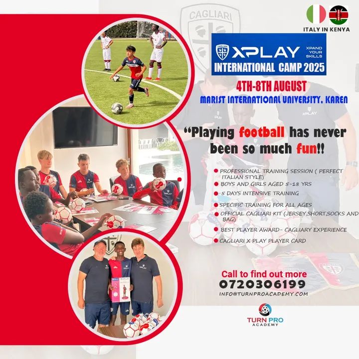 🏆 CAGLIARI XPLAY International Soccer Camp 2025 🇮🇹🇰🇪

⚽ Transform your child's potential with a 5 days of elite Italian football excellence featuring Cagliari Calcio's world-renowned XPLAY methodology!

📍 Marist International University, Karen.

📅 4th – 8th August 2025