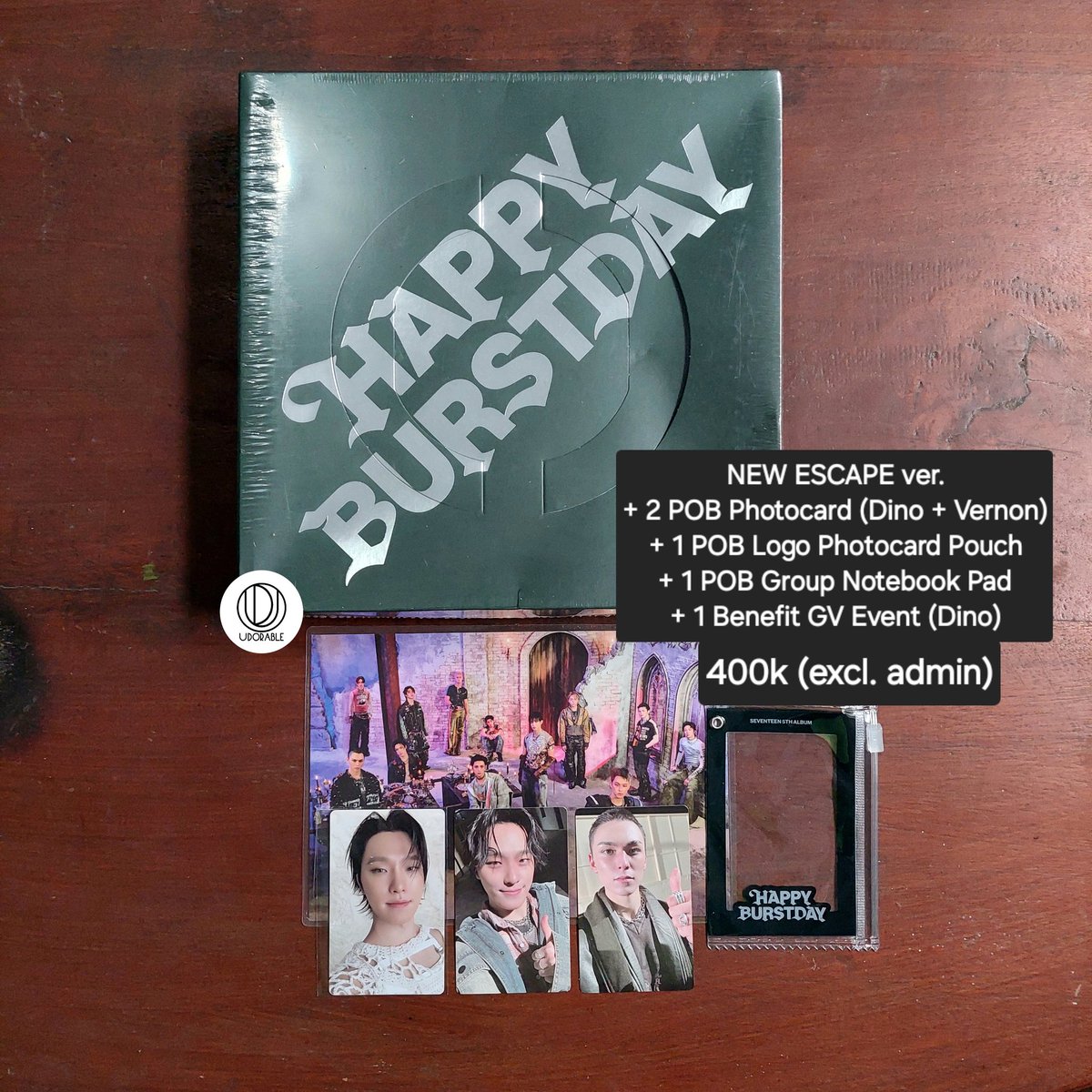 [ Ready Stock - wts want to sell lfb ]

SEVENTEEN Album "HAPPY BURSTDAY"
- New Escape ver.
- New Myself ver.

✅️ POB Weverse Shop (sesuai pict)
✅️ Sealed
✅️ Include packing
❌ Exclude Admin
✅ Splitpay
✅️ Shopee/Tiktok Shop/Tokopedia
📍 Tasikmalaya, Jawa Barat
⠀