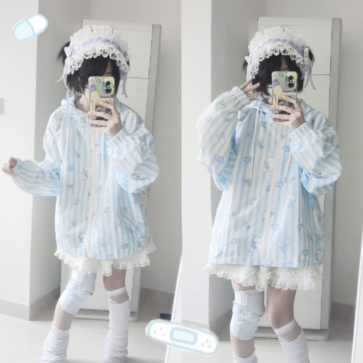 honeywardrobe07's tweet image. &amp;lt;New In&amp;gt; 

This Tenshi Kaiwai-style UV jacket prints ghost &amp;amp; syringe motifs over candy-blue stripes—it's a spooky-cute statement made just for pastel angel girls! 👻💉🍬

Purchase at: honeywardrobe.com/collections/20…

#TenshiKaiwai  #BlueJacket #UVProtectionJacket #天使界隈 #水色界隈