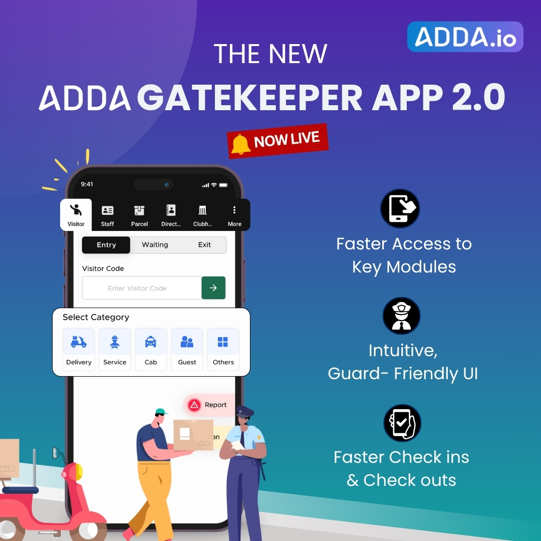 As a member of the community management team, you're always looking for faster visitor and staff entries in your community — without long queues at the gate right?
 
We hear you✨

Introducing ADDA GateKeeper App 2.0
We’ve revamped the entire look of the app — giving it a fresh