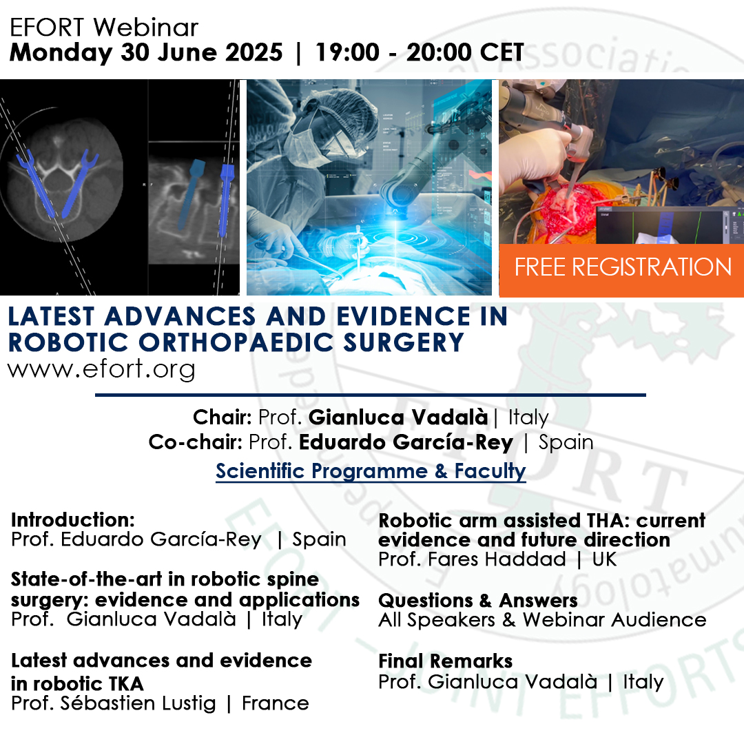EFORTnet's tweet photo. #EFORT #Webinar Latest Advances in #Robotic #OrthopaedicSurgery | Monday 30 June 30 | 19:00CET
🔬 Explore Innovations
📊 Review Clinical Evidence
🛠️ Discuss Challenges
🔭 Future Directions
➡️ https://t.co/2Kj8j0nTHd
#RoboticSurgery #Orthopaedics #RoboticsSpine #RoboticsTHATKA https://t.co/K2UZOf3aGH