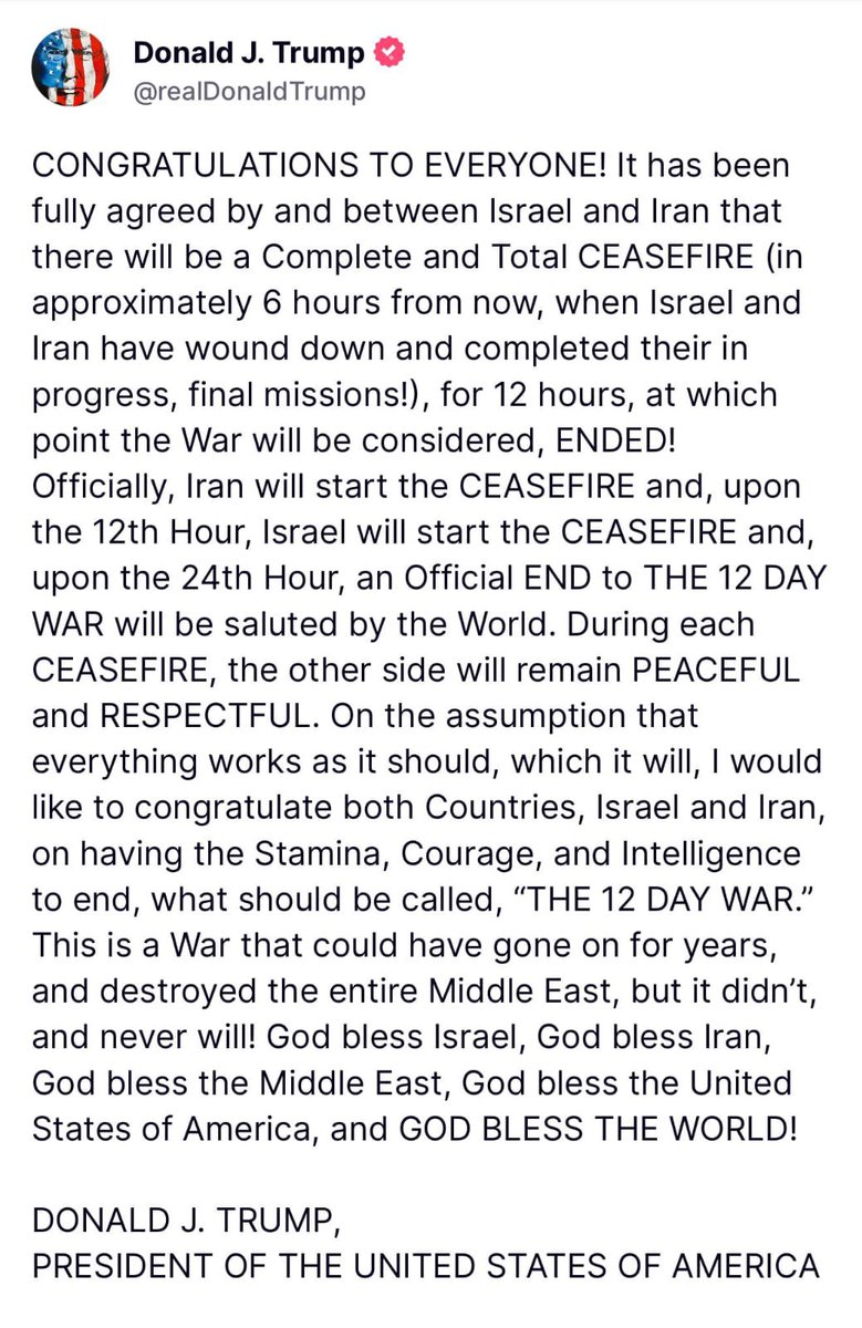 hezmediang's tweet photo. BREAKING: Iran and Israel has agreed to a "complete and total ceasefire", Trump says.

WHATSAPP CHANNEL
https://t.co/3iYKpgGbfK https://t.co/myVg3uu8Rc