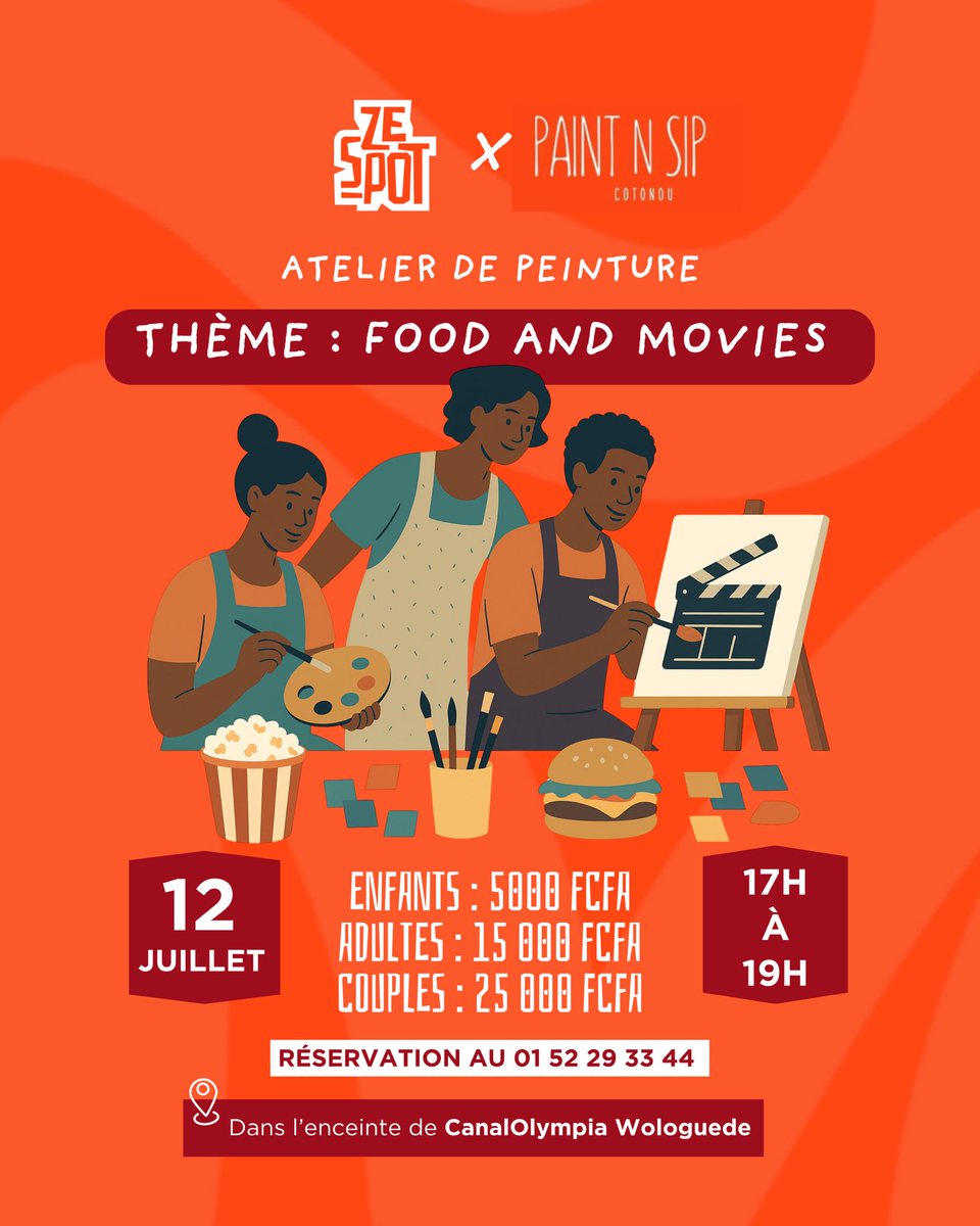 #Event | Ce samedi 12 juillet, avec PaintnSip Cotonou, nous vous offrons un atelier exceptionnel sur le thème « Food &amp; Movies ». 

Venez partager un moment unique &amp; fun avec vos amis. Réservez dès maintenant au 0152293344, places limitées. 

#ZeSpot