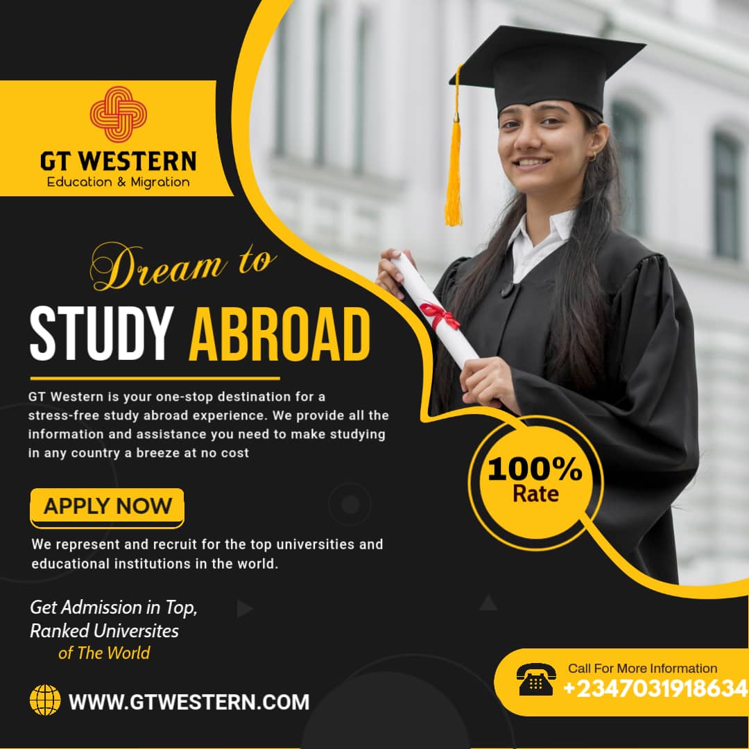 GTWHUB's tweet photo. Dream to Study Abroad. GT WESTERN AGENCY is your one stop destination. We are just a DM away.

Visit/Walk into any of our Offices; Abuja and Owerri
OR
Whatsapp/Call: +2347031918634
+2347039978563
E-mail: apply@gtwestern.com
Website: https://t.co/bjBYNhi2lD https://t.co/8vZFcL968d