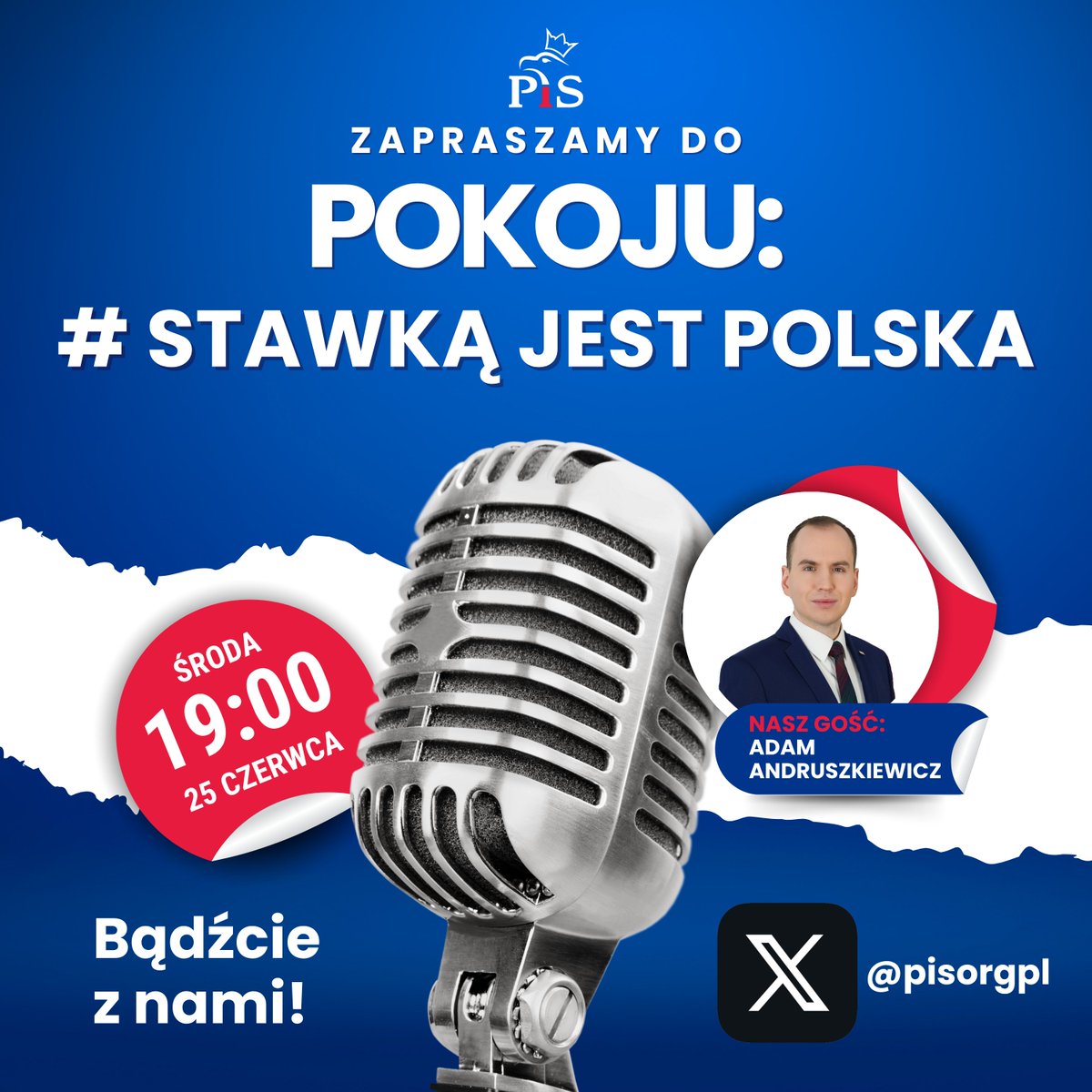 Prawo i Sprawiedliwość (@pisorgpl) on Twitter photo Długo się nie słyszeliśmy, ale wracamy! 🔥
🎙️ W najbliższą środę o godz. 19:00 w pokoju #StawkąJestPolska będziemy gościć Posła PiS i Szefa kampanii internetowej Karola Nawrockiego <a href="/Andruszkiewicz1/">Adam Andruszkiewicz</a> .
👏 W roli hostów niezastąpieni <a href="/ekazikowska/">Edyta Kazikowska</a>, <a href="/MKurzejewski/">Mateusz Kurzejewski</a> i <a href="/MichalSzpader/">Michał Szpądrowski</a> - Długo się nie słyszeliśmy, ale wracamy! 🔥
🎙️ W najbliższą środę o godz. 19:00 w pokoju #StawkąJestPolska będziemy gościć Posła PiS i Szefa kampanii internetowej Karola Nawrockiego <a href="/Andruszkiewicz1/">Adam Andruszkiewicz</a> .
👏 W roli hostów niezastąpieni <a href="/ekazikowska/">Edyta Kazikowska</a>, <a href="/MKurzejewski/">Mateusz Kurzejewski</a> i <a href="/MichalSzpader/">Michał Szpądrowski</a> -