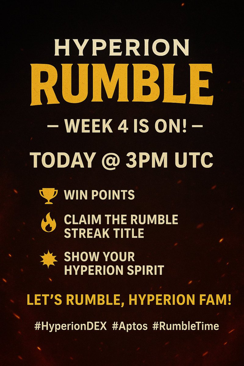 nasiramiru1's tweet photo. 🎮 Hyperion Rumble — Mako na 4 ya dawo!
Ku shirya fafatawa yau da karfe 3 na rana UTC a cikin tashar 

🏆 Lashe maki
🔥 Samun taken zakara mai nasara a jere
💥 Nuna ƙarfin Hyperion ɗinku

Ku shirya, ’yan uwa na Hyperion!
#HyperionDEX #Aptos #RumbleTime https://t.co/j3uYb0sUfF