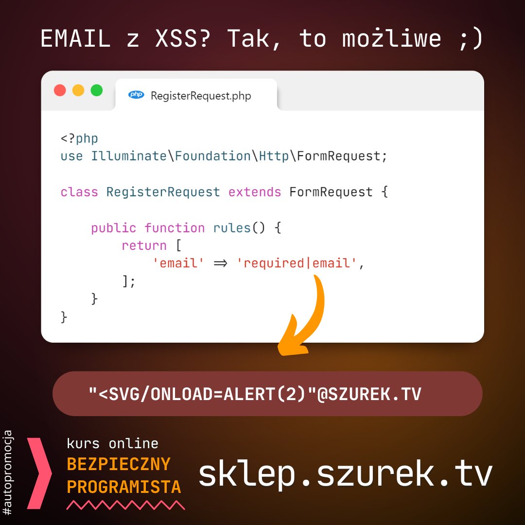 Zawsze traktuj dane od użytkownika jako potencjalnie NIEBEZPIECZNE.
Przykład? Adres email 📨
Według standardu może on zawierać niektóre znaki specjalne.
To sprawia, że wiele aplikacji przyjmie adres z obrazka jako prawidłowy.

Poznaj podstawy bezpiecznego programowania.
Sprawdź⬇️