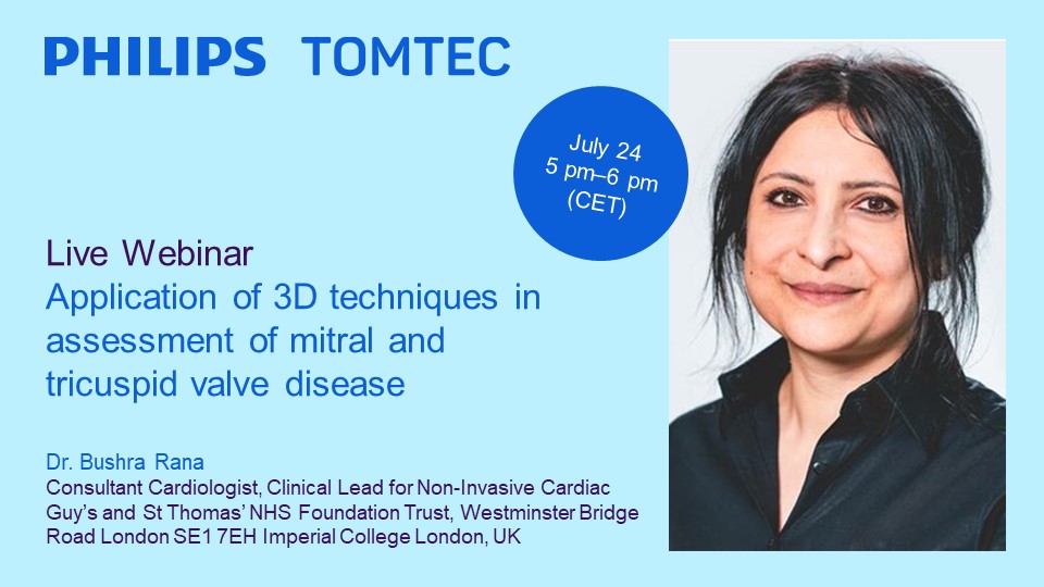 TOMTEC_IMAGING's tweet photo. Don´t miss out our next #TOMTEC ACADEMY webinar with Dr. Laura Leo and her topic “Application of 3D techniques in assessment of mitral and tricuspid valve disease", scheduled for July 24th 2025.
Please register:
https://t.co/WZfRDD8Yuk
#echofirst #philips #webinar #ultrasound https://t.co/jVTKjwahzk