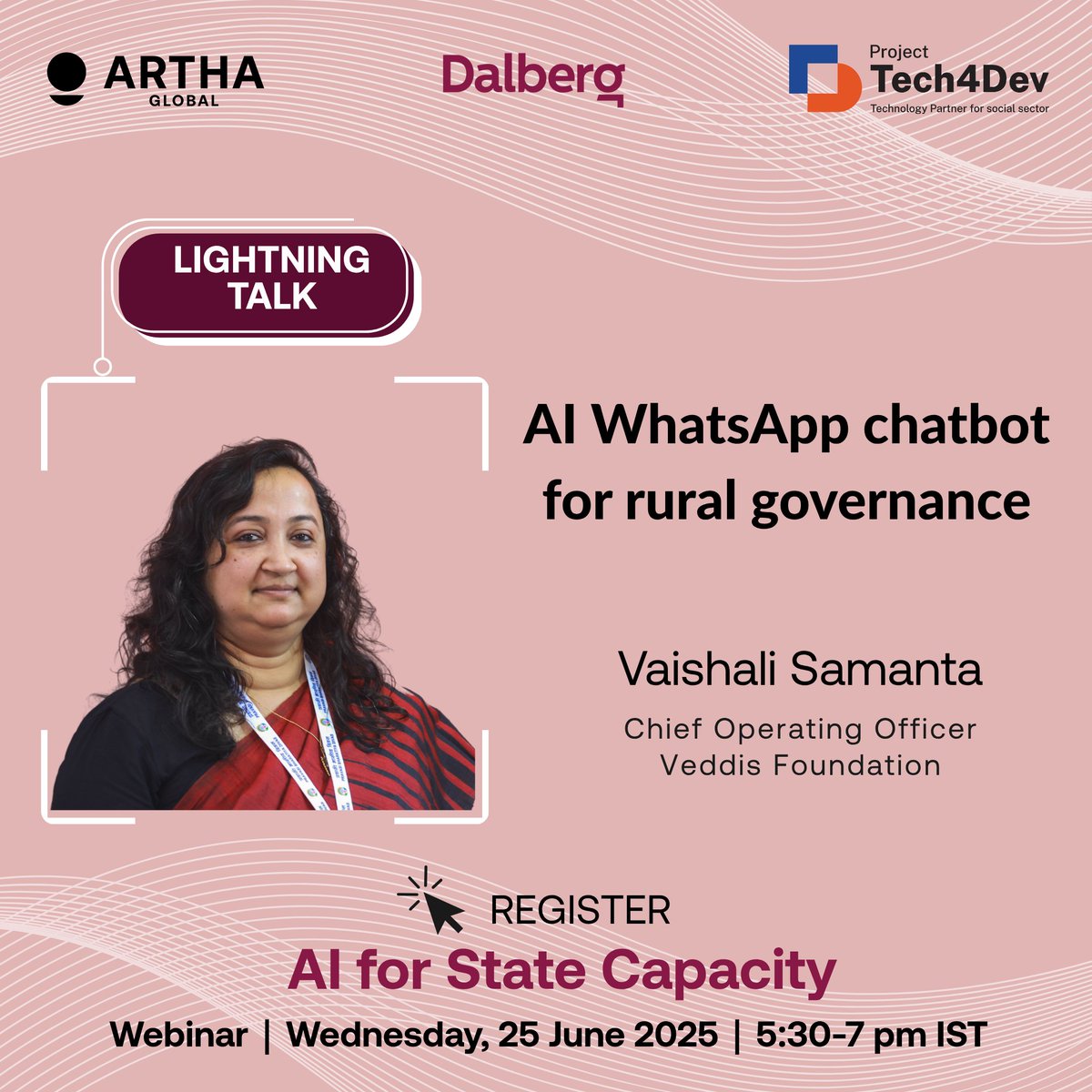 Artha__Global's tweet image. 🎙️⚡ Lightning Talk Spotlight

@vsamanta, COO @VeddisImpact will share a real-world use case of an AI-powered WhatsApp chatbot enhancing access to government policies &amp;amp; notifications via Conversational AI.

Catch her on 25 June between 5:55 - 6:05 PM IST at the &apos;AI for State…