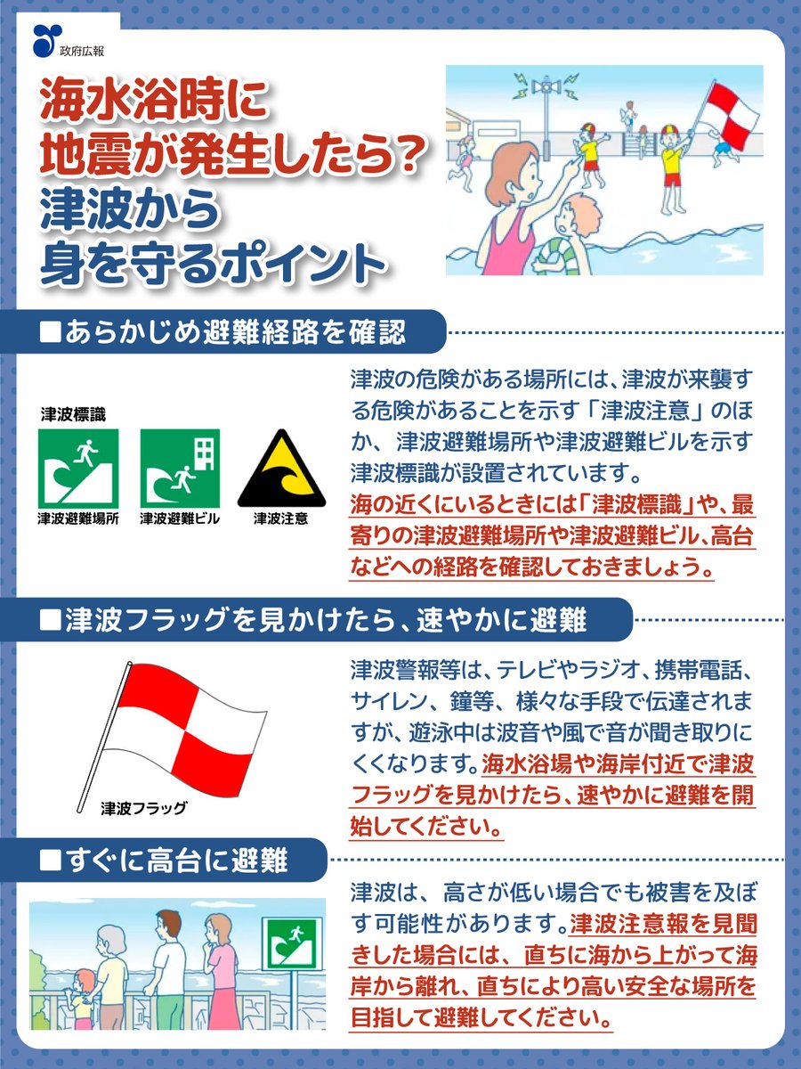 ／
📢海水浴時に地震が発生したらどうする？！
＼

地震によっては、津波が発生することがあります。
津波は走って逃げ切れるものではなく、津波が来るのを見てから避難を始めるのでは、間に合いません。

揺れを感じたらすぐに海辺から離れ、より高い安全な場所に避難してください！