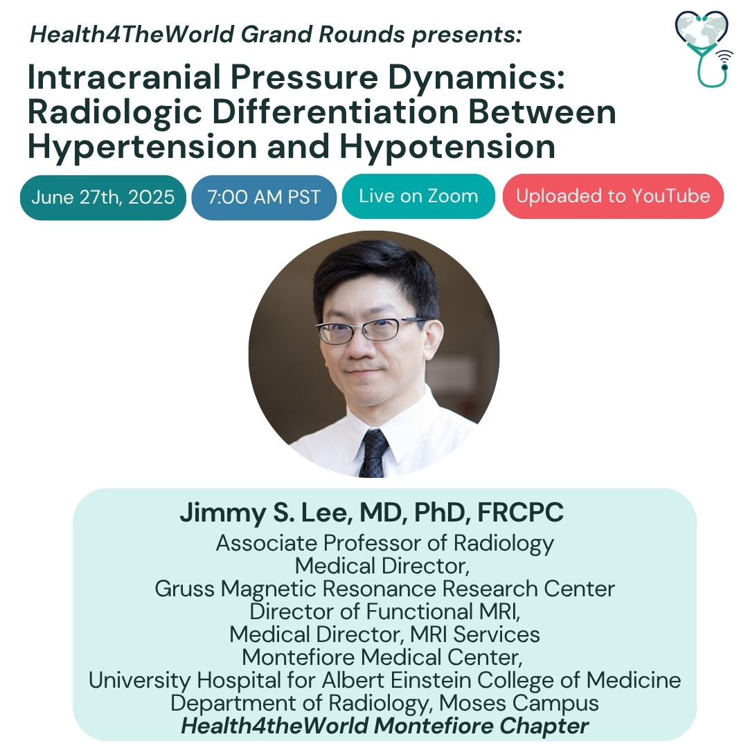 Health4TheWorld (@charityh4tw) on Twitter photo Join the H4TW #MontefioreChapter on June 27 for a Grand Rounds session on #IntracranialPressure Dynamics with Dr. Jimmy S. Lee <a href="/MontefioreRAD/">Montefiore Radiology</a> <a href="/MontefioreNYC/">Montefiore Health System</a>
7:00 AM PST
Live on Zoom and YouTube
Zoom link: us02web.zoom.us/webinar/regist…
#Radiology #MedTwitter #MedEd #Medicine Join the H4TW #MontefioreChapter on June 27 for a Grand Rounds session on #IntracranialPressure Dynamics with Dr. Jimmy S. Lee <a href="/MontefioreRAD/">Montefiore Radiology</a> <a href="/MontefioreNYC/">Montefiore Health System</a>
7:00 AM PST
Live on Zoom and YouTube
Zoom link: us02web.zoom.us/webinar/regist…
#Radiology #MedTwitter #MedEd #Medicine