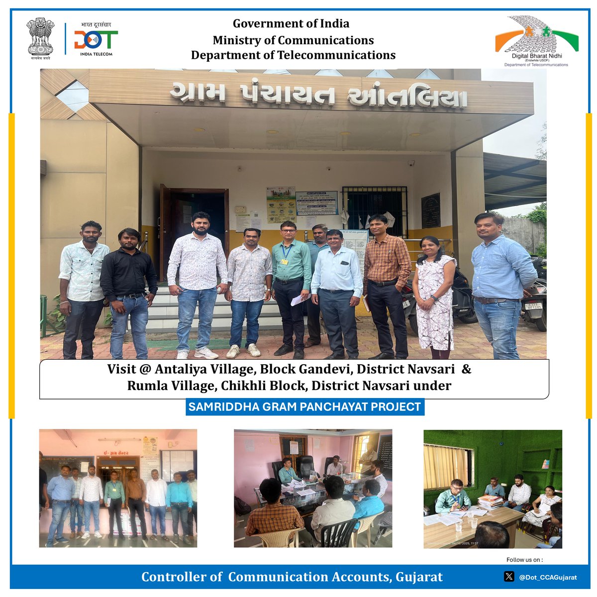 Dot_CCAGujarat's tweet photo. Under the #Samriddh Gram Panchayat initiative, Staff of CCA Gujarat visited Antalia village (Gandevi, Navsari) & Rumla Village ( Chikhli, Navsari) to review rural digital infra and interact with BSNL, locals & institutions on impact, challenges, and digital empowerment. https://t.co/boeXbyhtH7