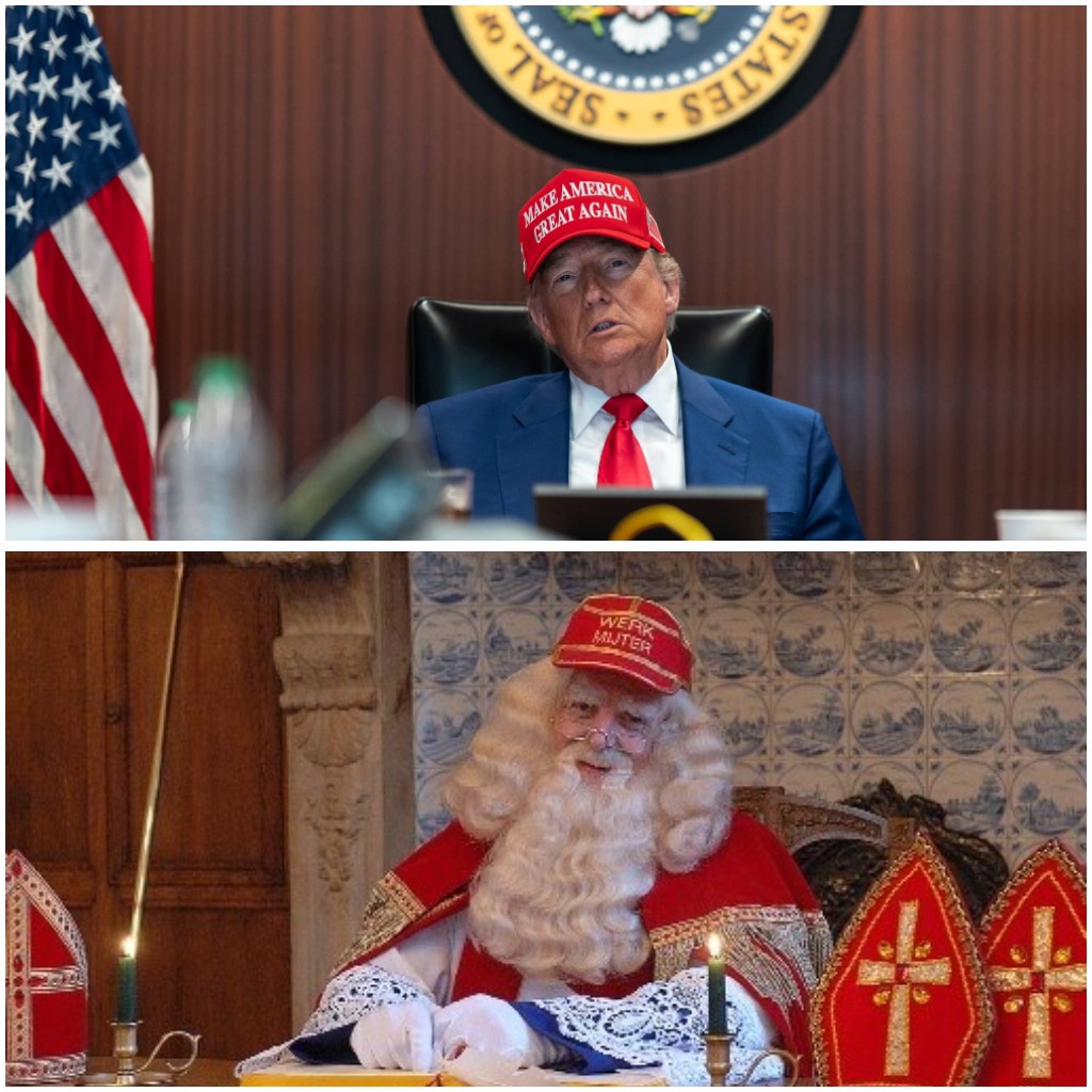 Dochtertje zag deze foto van Trump en vond het op de werkmijter van Sinterklaas lijken. En nu kan ik het niet meer anders zien.