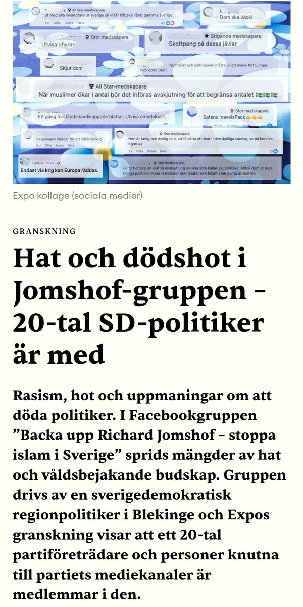 Massor av rasism, hat, hot och uppmaningar om att döda politiker, i FB-gruppen ”Backa upp Richard Jomshof – stoppa islam i Sverige”. Den drivs av en SD-regionpolitiker i Blekinge och medlemmar är bl.a. ett 20-tal partiföreträdare, och anställda på Riks.