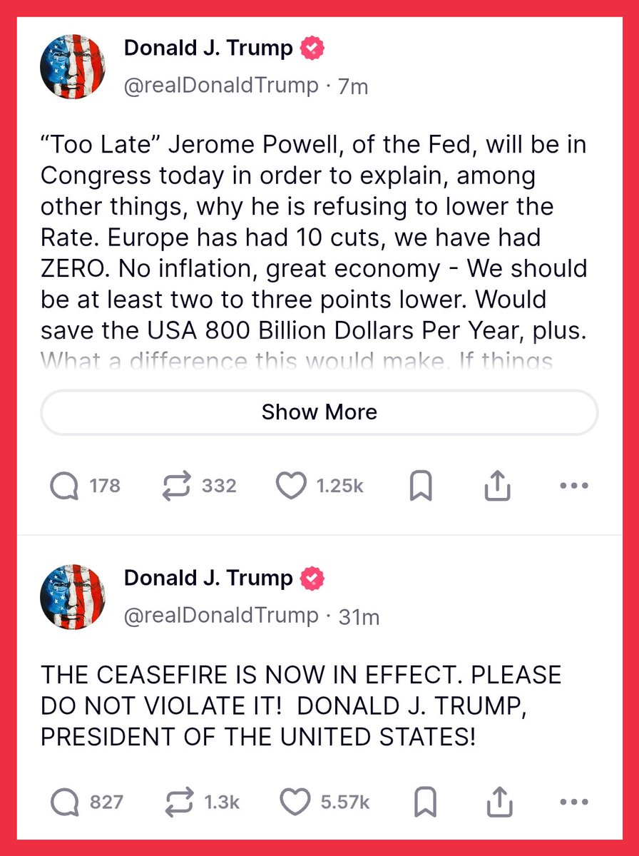 Trump wants a ceasefire and interest cut.

Risk assets are going to fly, HODL your positions.

Good Luck. #open4profit 

#IranIsraelConflict #ceasefire #Trump