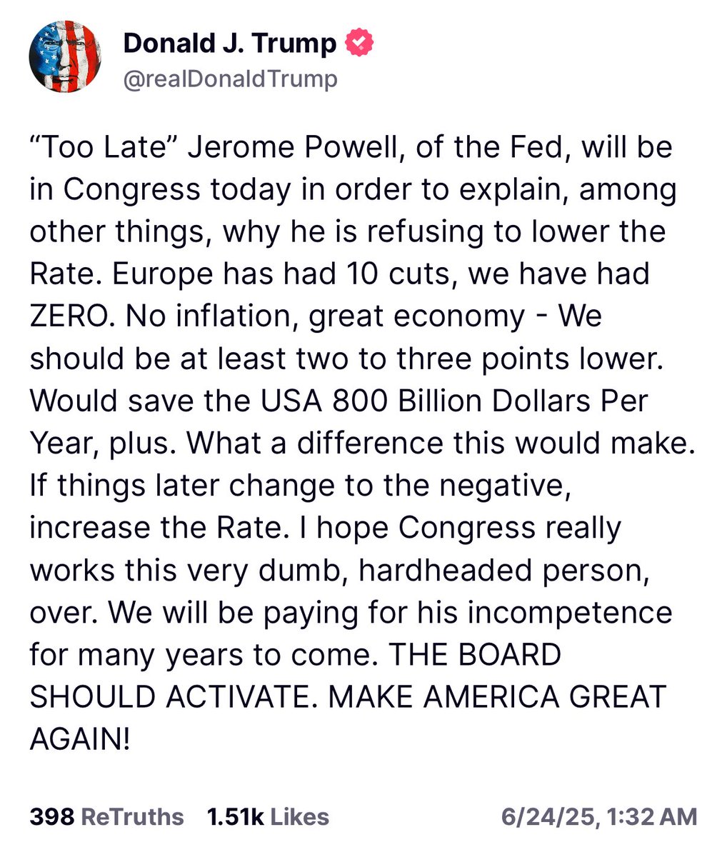 Trump has to be up in 3 hours to go to the Netherlands and he’s up roasting Jerome Powell 🤣