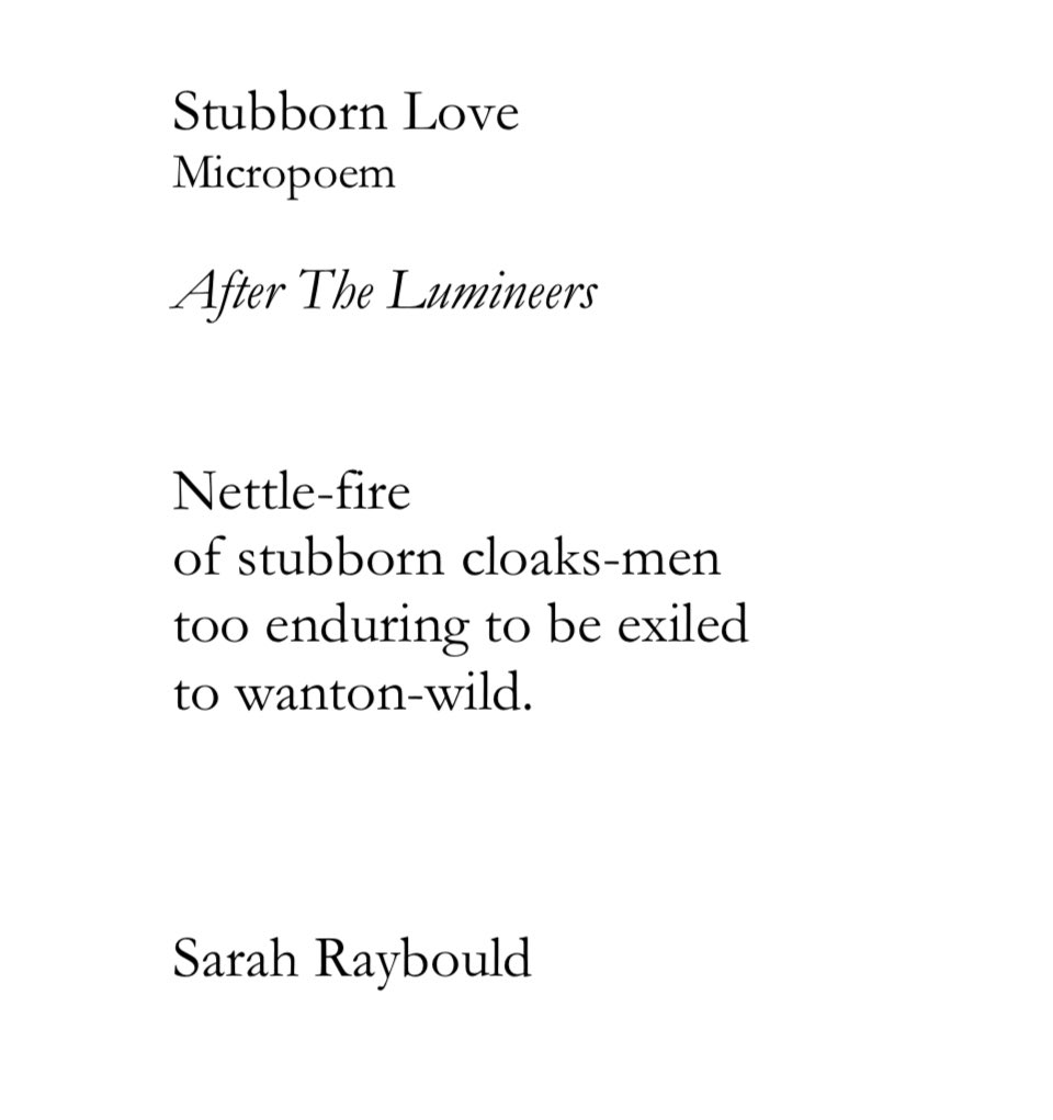 A challenging one this week. Here are my two versions of Stubborn Love. 
Looking forward to reading poems later. 
<a href="/TopTweetTuesday/">TopTweetTuesday</a> 
<a href="/MatthewMCSmith/">Matthew M C Smith</a> 
<a href="/blackboughpoems/">Black Bough Poetry / Barddoniaeth Y Gangen Ddu</a>