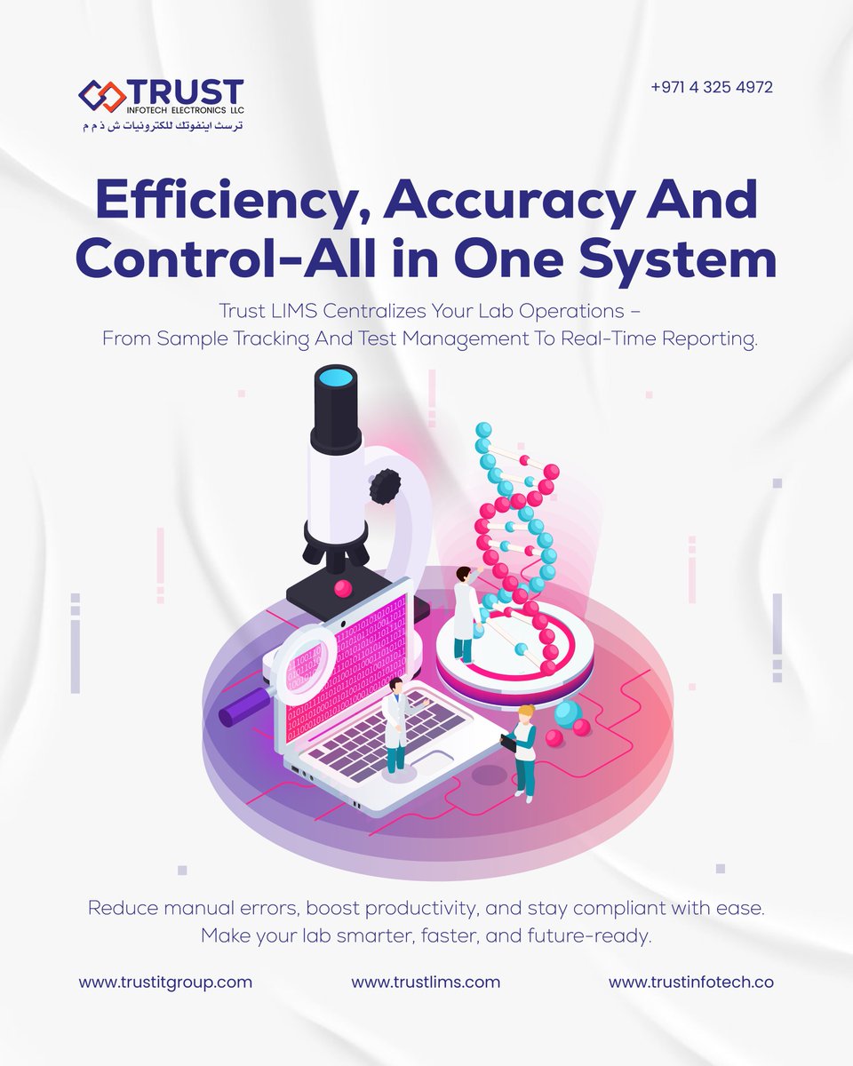 TrustInfotech's tweet image. Efficiency. Accuracy. Control.
All in one system — Trust LIMS 🔬

Centralize your lab ops:
✔ Sample tracking
✔ Test management
✔ Real-time reporting

Smarter, faster, future-ready labs start here.

#TrustLIMS #LabAutomation #LIMSSoftware #SmartLabSolutions #UAEtech