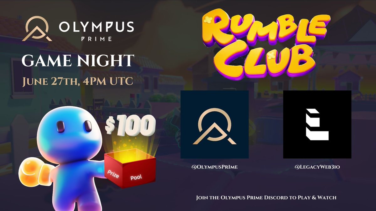 Olympus Prime (@olympuspr1me) on Twitter photo Last Friday’s showdown with <a href="/LegacyWeb3io/">Legacy Web3</a> was a blast, and we’re not done yet, rematch is coming!⚔️
We’re teaming up again for another epic game night featuring Rumble Club this time.
📅 When: 27 June 2025, 4PM UTC
💰 Reward: Prize pool of $100 USDT
🎮 Where: Olympus Prime Last Friday’s showdown with <a href="/LegacyWeb3io/">Legacy Web3</a> was a blast, and we’re not done yet, rematch is coming!⚔️
We’re teaming up again for another epic game night featuring Rumble Club this time.
📅 When: 27 June 2025, 4PM UTC
💰 Reward: Prize pool of $100 USDT
🎮 Where: Olympus Prime