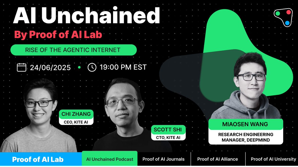 KITE AI (@gokiteai) on Twitter photo Join us for another episode of AI Unchained. 🎙️
Our founders <a href="/ChiZhangData/">Chi Zhang</a> and <a href="/scottshics/">Scott Shi - e/acc</a>, will be sitting down with <a href="/MiaosenWang/">Miaosen Wang</a> - Research Engineering Manager <a href="/GoogleDeepMind/">Google DeepMind</a>, to deep dive into the rise of the Agentic Internet and the future of multi-agent AI.
📍 LIVE on Join us for another episode of AI Unchained. 🎙️
Our founders <a href="/ChiZhangData/">Chi Zhang</a> and <a href="/scottshics/">Scott Shi - e/acc</a>, will be sitting down with <a href="/MiaosenWang/">Miaosen Wang</a> - Research Engineering Manager <a href="/GoogleDeepMind/">Google DeepMind</a>, to deep dive into the rise of the Agentic Internet and the future of multi-agent AI.
📍 LIVE on