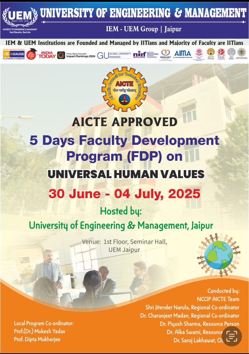 Jaipur_Uem's tweet image. AICTE-Approved 5-Day FDP on Universal Human Values (UHV-II)
Scheduled: 30th June – 4th July 2025
Organized by: University of Engineering &amp;amp; Management (UEM), Jaipur

#UEMJaipur #AICTEFDP #UniversalHumanValues #UHVII #FacultyDevelopment #ValueBasedEducation #IEMUEMGroup