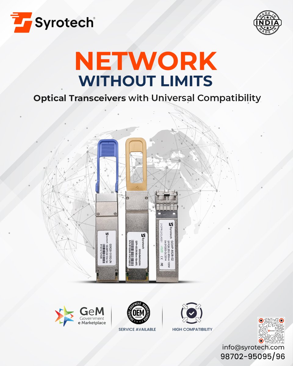 Syrotech's tweet image. Tired of compatibility issues? Syrotech Optical Transceivers solve that with universal support for leading brands and global standards.

#Syrotech #OpticalTransceivers #NetworkSolutions #GlobalConnectivity #UniversalCompatibility #TelecomTechnology #MultiVendorSupport