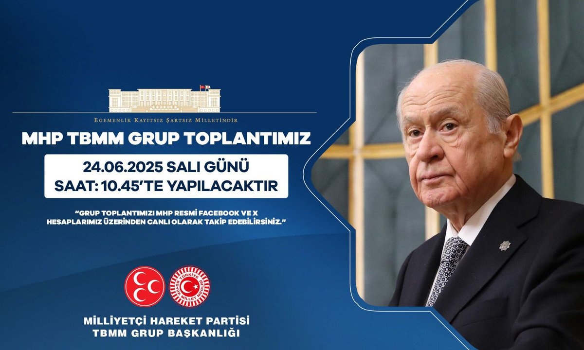 MHP TBMM Grup Toplantımız #24Haziran2025 Salı günü Saat:10.45’te yapılacaktır.

MHP TBMM GRUP BAŞKANLIĞI
@MhpTbmmGrub