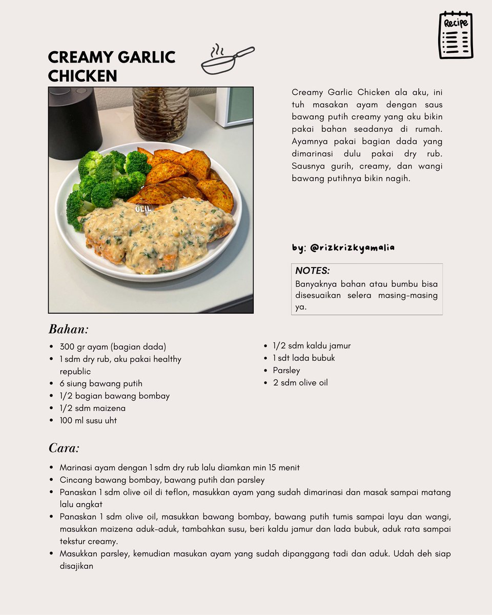 rizrizkyamalia's tweet photo. Resep Creamy Garlic Chicken (ala aku)

Ini resep creamy garlic chicken yang pernah aku buat. Sausnya creamy dan wangi bawang putih 🫶🏼

Semoga bisa bermanfaat ya 🫶🏼

#resepnyaulil https://t.co/lmCp16dTrg