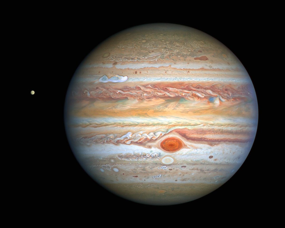 Cosmology0's tweet image. Jupiter. Captured by the NASA/ESA Hubble Space Telescope on August 25, 2020, when 653 million km from Earth. The image shows turbulent atmosphere with a new storm and changes in the Great Red Spot, plus its icy moon Europa.