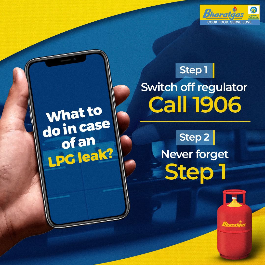 Bharat Petroleum LPG (@bpcllpg) on Twitter photo Smell gas? Stay calm and act fast.
In case of an LPG leak, here’s what to do:
1 - Turn off the regulator right away
2 - Call 1906 for emergency assistance
Your quick action can prevent a disaster. Stay alert, stay safe with Bharatgas.
<a href="/BPCLimited/">Bharat Petroleum</a> <a href="/DirectorM_BPCL/">Director(Marketing), BPCL</a> <a href="/cmdbpcl/">CMD BPCL</a> Smell gas? Stay calm and act fast.
In case of an LPG leak, here’s what to do:
1 - Turn off the regulator right away
2 - Call 1906 for emergency assistance
Your quick action can prevent a disaster. Stay alert, stay safe with Bharatgas.
<a href="/BPCLimited/">Bharat Petroleum</a> <a href="/DirectorM_BPCL/">Director(Marketing), BPCL</a> <a href="/cmdbpcl/">CMD BPCL</a>
