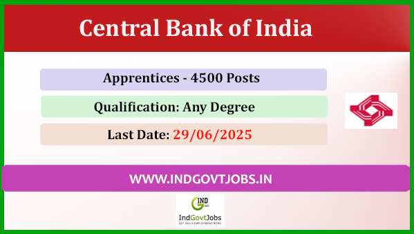 indiangovtjobs's tweet photo. ✅ Central Bank of India Apprentice 2025

🎓 [4500 Posts for Graduates]
📅 Last Date Extended: 29/06/2025

🔗 https://t.co/kxGRcyUOoU

#CentralBankOfIndia #BankJobs #ApprenticeRecruitment #GovernmentJobs #SarkariNaukri2025 #GraduateJobs #BankApprentice #JobsAlert #ApplyOnline #IndGovtJobs