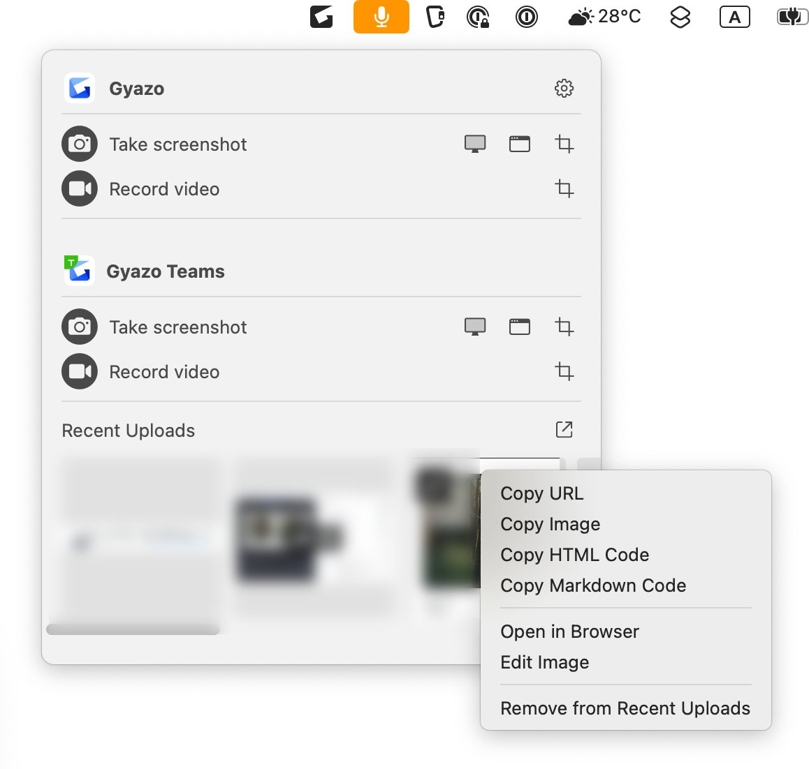 We've added a new feature to Gyazo for Windows (launcher) and Gyazo for macOS (menu). You can now copy HTML or Markdown code for your recent uploads directly to clipboard. This is convenient to paste images to platforms immediately after you take a screenshot. Give it a try!
