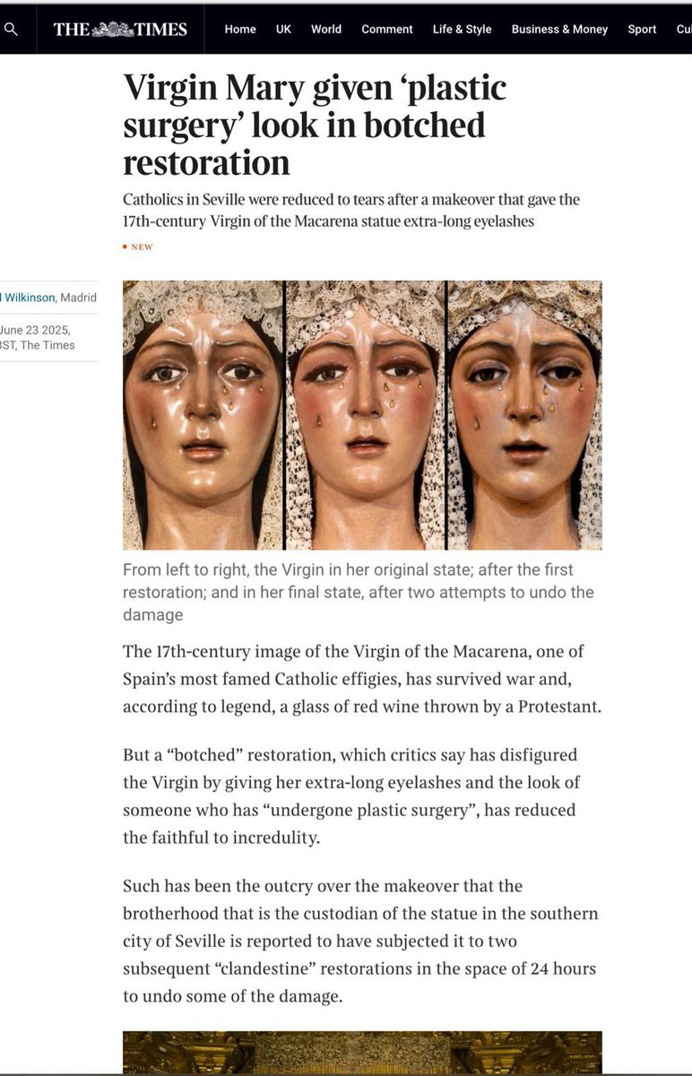 La Macarena en The Times: “Una imagen de la Virgen María adquiere un aspecto de cirugía plástica en una restauración chapuza”